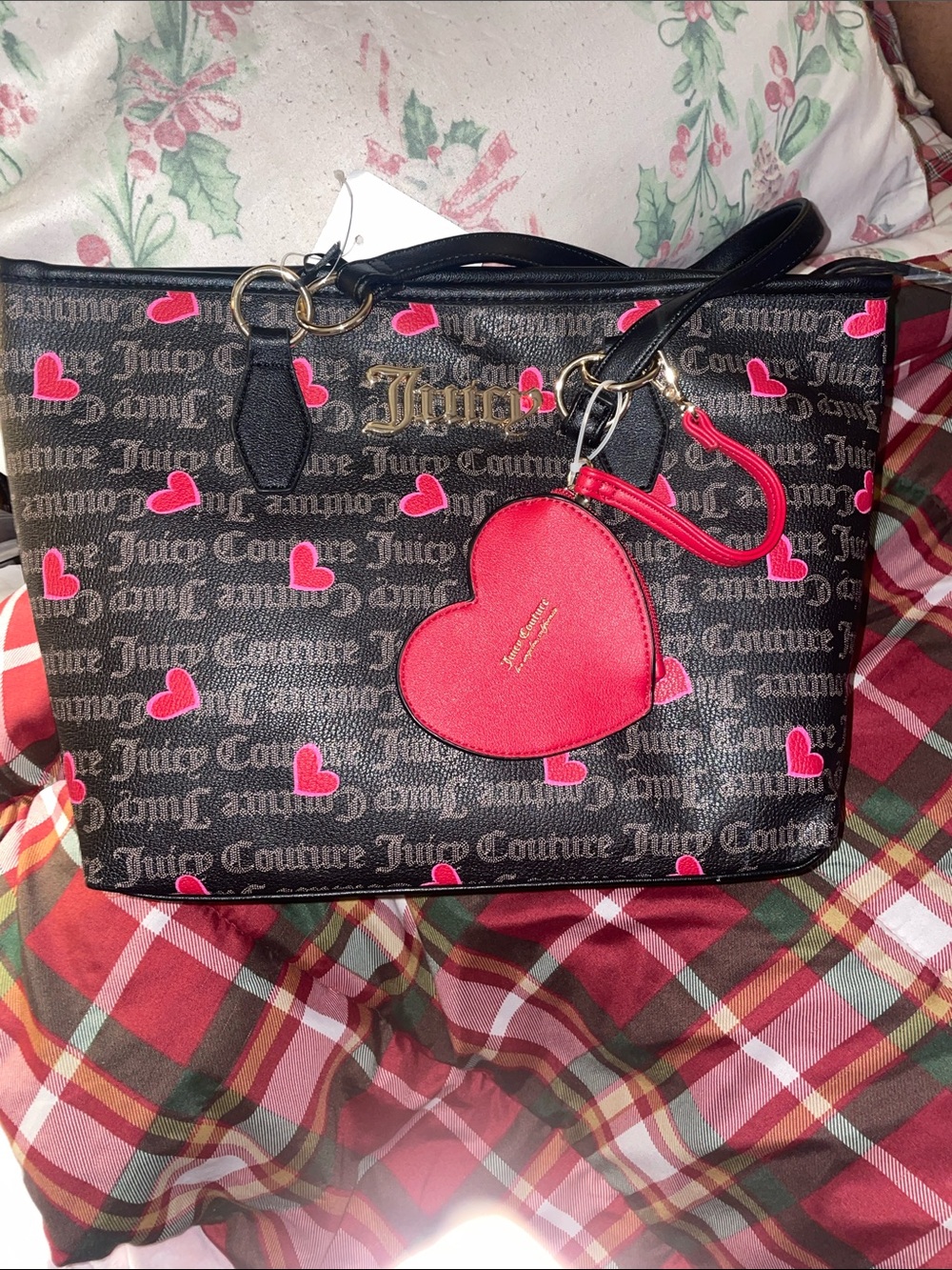Juicy Couture Black Tote with Pink Heart Print and Red Heart Charm